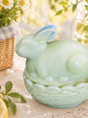 Mosser Glass Jadeite Bunny on Basket Nest Green